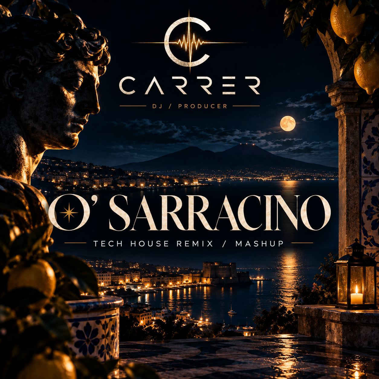 CARRER O’ Sarracino remix artwork featuring a night-time coastal scene